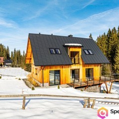 Dom jednorodziny z wiatą w otoczeniu lasu i potoku